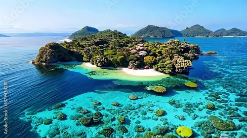 Lush tropical island paradise with pristine white sand beach, vibrant coral reefs, and crystal-clear turquoise waters.