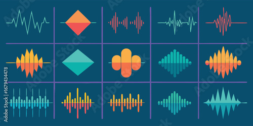 Sound Wave. Music. Abstract. A modern colorful vector icon set of audio waveforms and equalizer graphics for a music app, a podcast banner, a radio station logo, or a tech presentation.