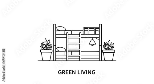 Bunk bed with potted plants and pendant light with transparent background