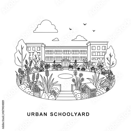 Urban schoolyard with transparent background