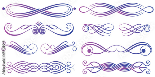 Flourish. Divider. Gradient. A modern vector set of elegant calligraphic flourishes and dividers with a purple and pink gradient for a wedding invitation, a certificate, or a book design.