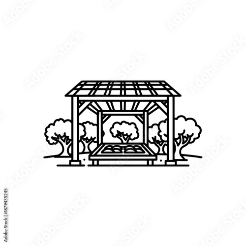Open pavilion with trees and bench with transparent background