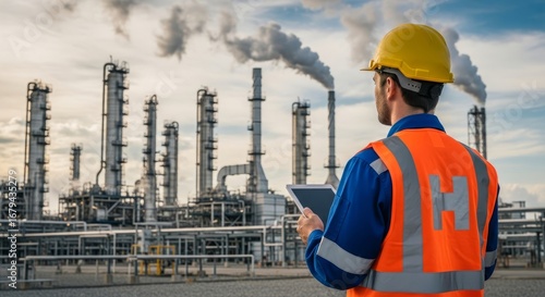 Engineer in safety vest using tablet at industrial refinery site