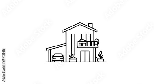 Modern two-story house with balcony and carport with transparent background