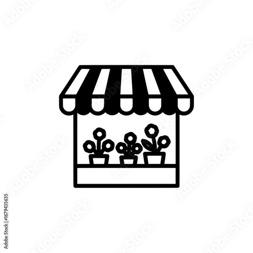 Flower shop with striped awning and potted plants