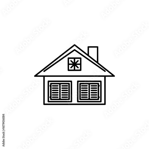 House with interior shutters and chimney with transparent background