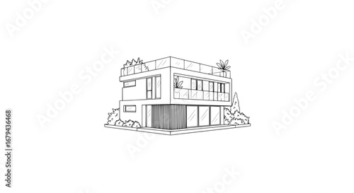 Modern house with outdoor plants and balcony with transparent background
