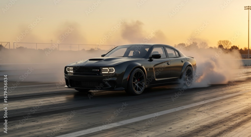 Fototapeta premium Racing car drifting on track at sunset