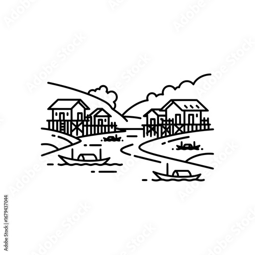 Scenic mountain village with houses and boats with transparent background