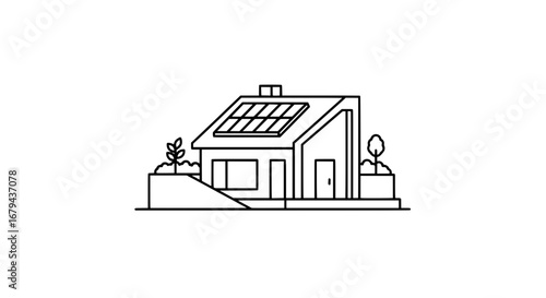 House with solar panels and garden with transparent background