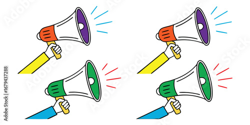 Megaphone. Announcement. A modern flat vector icon set of four colorful megaphones for a marketing campaign, a protest poster, a social media post, or a public announcement graphic.