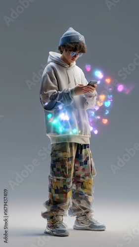 Stylized 3D Animation of a Young Person on Smartphone with Glowing Hearts and Digital Connections