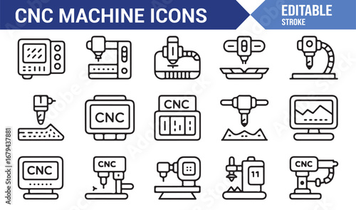 Modern cnc machine operation and technology icons set