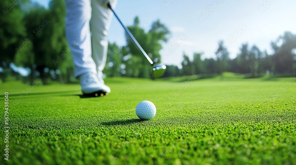 Obraz premium An ultra HD image capturing a golf player swinging their club with the ball mid-flight on a lush green course, showcasing sports action and detail.