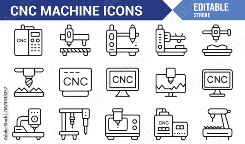 Modern cnc machine tool icons for industrial design and technology