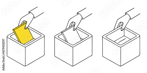 Process. Organization. Storage. A minimal vector line art illustration set showing a hand placing an item in a box for an infographic, a packing guide, or a decluttering concept graphic.