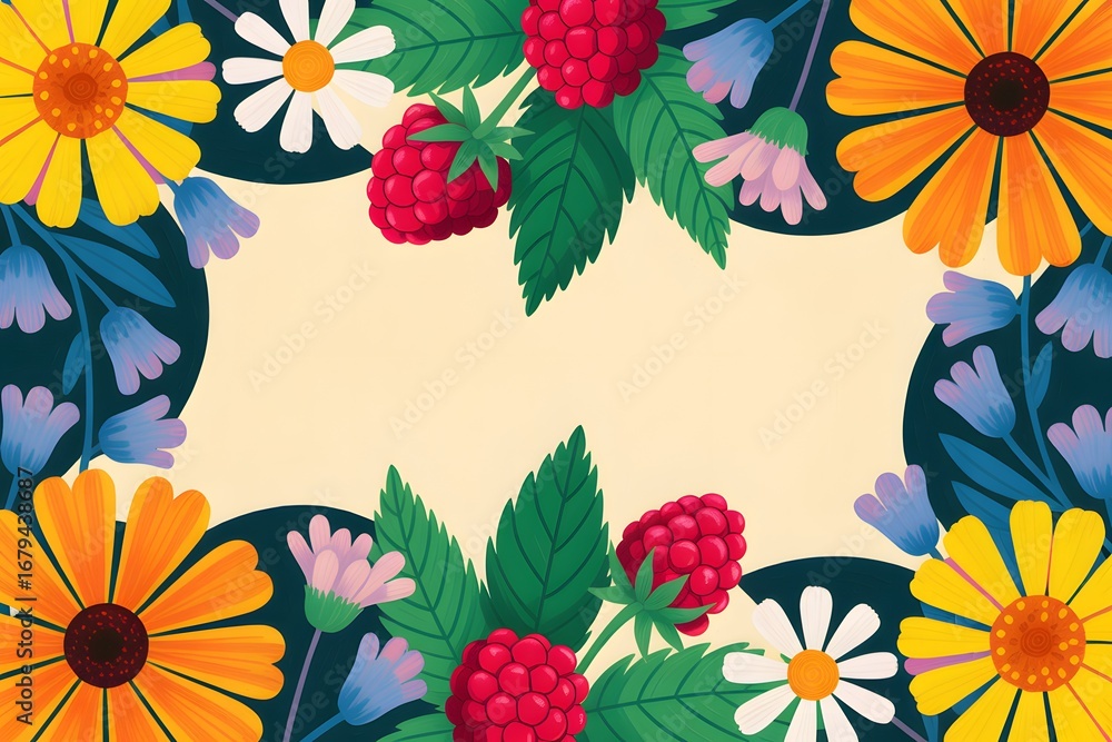 Naklejka premium Botanical Bloom: A vibrant tapestry of nature's treasures. Colorful floral elements, including daisy, raspberry, and lush green foliage, frame the composition, bringing a fresh and organic appeal.