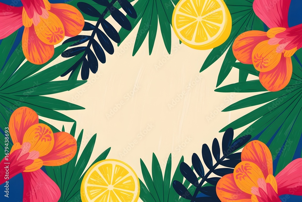 Naklejka premium Tropical Floral Frame: An eye-catching floral frame showcasing bright hibiscus blooms, vibrant green foliage, and juicy lemon slices, perfect for adding a touch of tropical freshness.