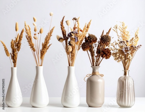  Dried Flowers in Minimalist Ceramic Vases on White Background