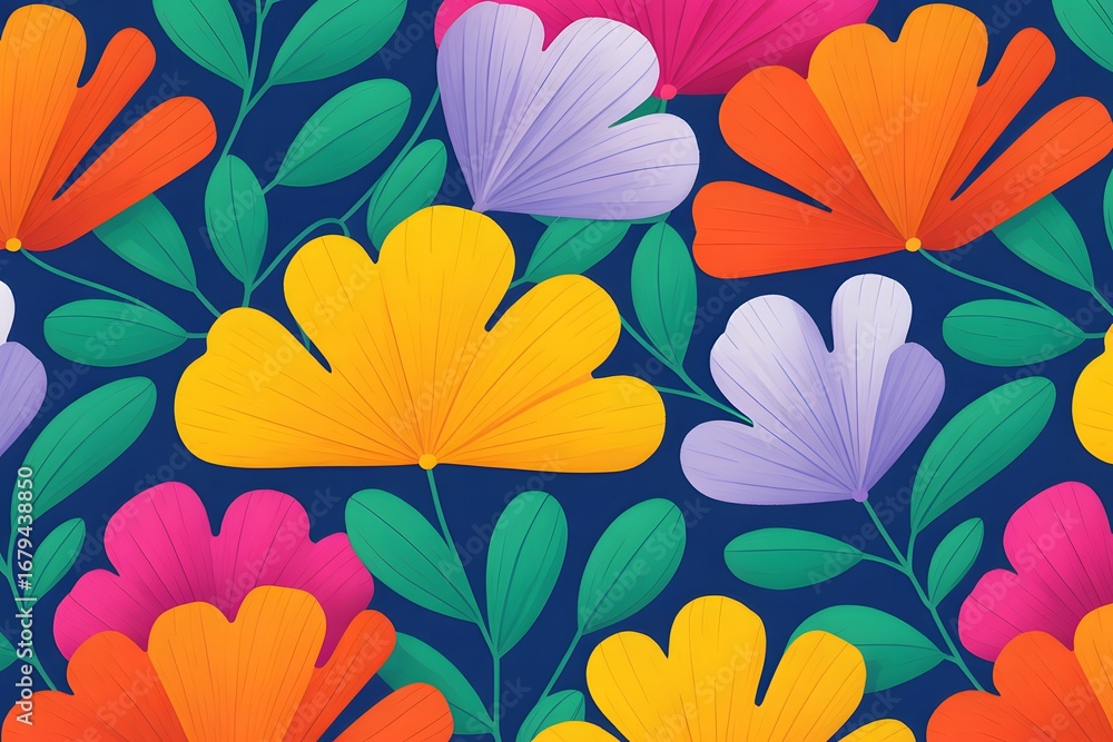 Naklejka premium Floral Fantasia: A vibrant illustration showcases a kaleidoscope of stylized flowers, each petal a burst of color against a deep navy backdrop, creating a mesmerizing and lively pattern.
