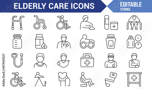 Collection of elderly care icons for health and support services