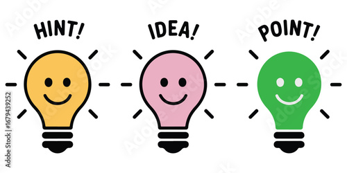 Idea. Hint. Point. A cute and colorful cartoon vector icon set of three happy lightbulb characters for a presentation, an educational material, or a creative problem-solving concept.