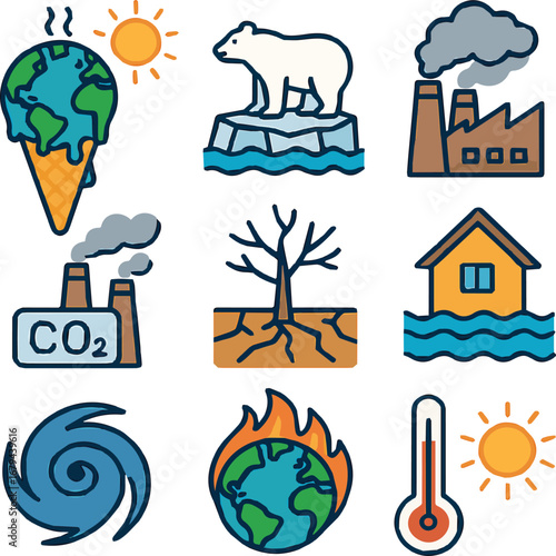 Climate change icons show global warming melting ice floods drought pollution and hurricanes