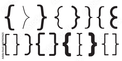 Brackets. Braces. Punctuation. A simple black vector icon set of various curly braces and square brackets for a programming infographic, a grammar guide, or a typography design element.