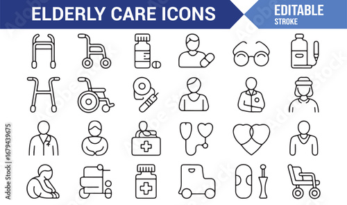 Elderly care icon set for healthcare and support services