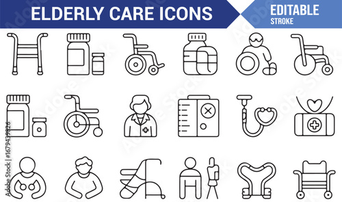 Set of icons representing elderly care services and support