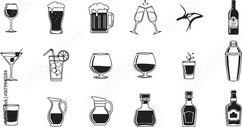 Collection of diverse alcoholic beverage drinks and cocktail glasses in black and white stylized artwork