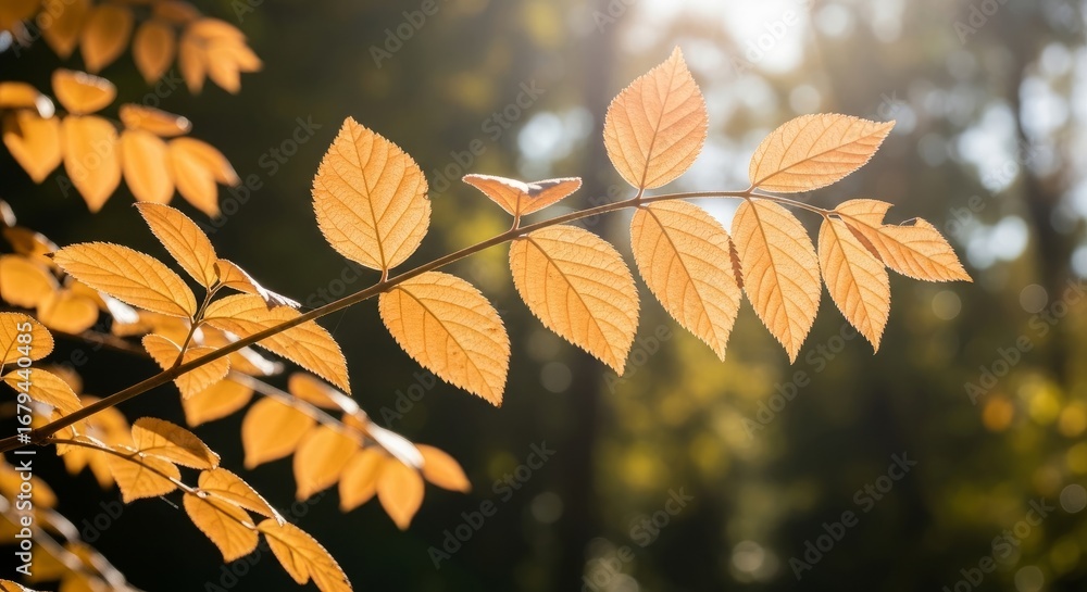 Obraz premium Golden autumn leaves with sunlight filtering through them