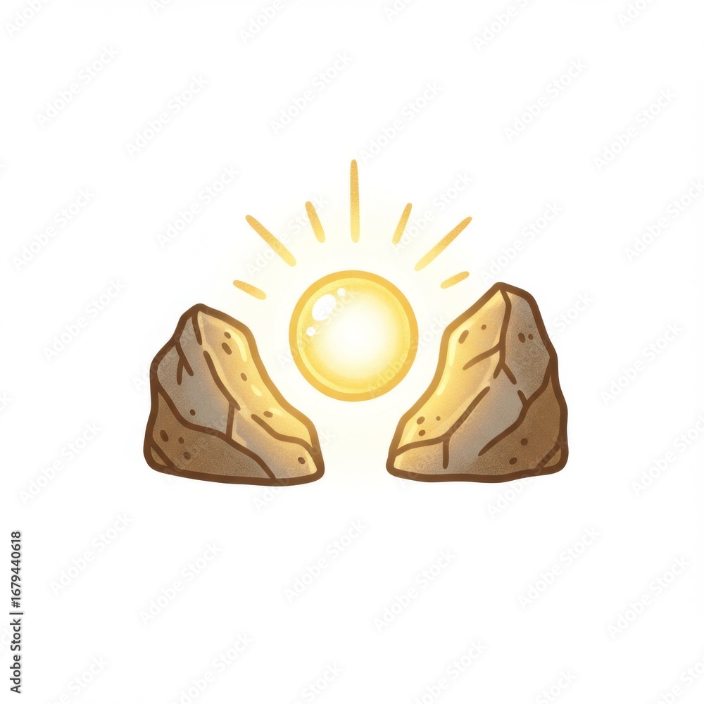 Fototapeta premium Radiant Yellow Sun Surrounded by Beige Stones on a White Background Scene