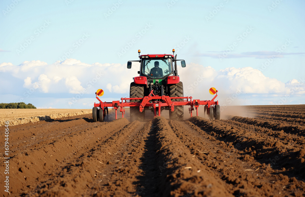 Fototapeta premium Red tractor tilling soil in vast rural field.