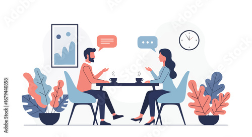 Flat illustration of two people having a coffee meeting at a café table, highlighting conversation, networking, and professional or casual discussion in a modern setting