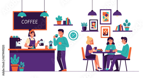 Flat illustration of people drinking coffee and socializing in a cozy café with a barista serving drinks, highlighting relaxation, conversation, and modern coffee shop culture