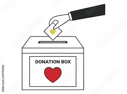 Donation. Charity. Support. A minimal black and white vector line art illustration of a hand donating to a box for a charity's branding, a fundraising graphic, or a website icon.