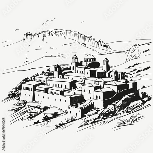 Meteora complex of monasteries Greece sketch illustration vector