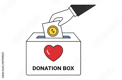 Donation. Charity. Giving. A modern flat vector illustration of a hand putting a coin in a donation box for a fundraising campaign, a non-profit website, or a charity event poster.