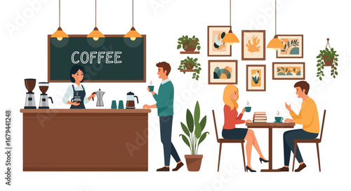 Flat illustration of people drinking coffee and socializing in a cozy café with a barista serving drinks, highlighting relaxation, conversation, and modern coffee shop culture