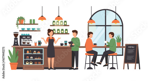 Flat illustration of people enjoying drinks and pastries in a stylish coffee shop with barista service, showcasing social interaction, lifestyle, and modern café culture