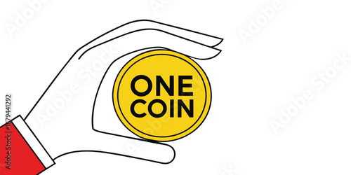 Hand. Holding. Coin. A minimal vector line art illustration of a hand holding a golden coin for a finance app icon, a business logo, a cryptocurrency graphic, or a banking presentation.