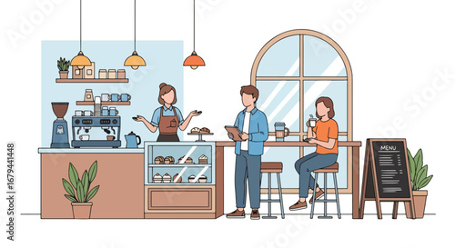 Flat illustration of people enjoying drinks and pastries in a stylish coffee shop with barista service, showcasing social interaction, lifestyle, and modern café culture