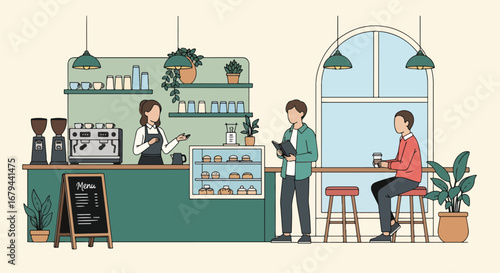 Flat illustration of people enjoying drinks and pastries in a stylish coffee shop with barista service, showcasing social interaction, lifestyle, and modern café culture