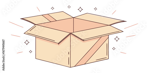 Box. Open. Surprise. A cute hand drawn vector line art illustration of an open and sparkling cardboard box for a delivery service logo, an unboxing blog, or a special offer promotion.