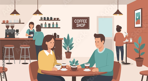 Flat illustration of people enjoying coffee and chatting in a cozy coffee shop with baristas preparing drinks, showcasing social interaction, lifestyle, and modern café culture