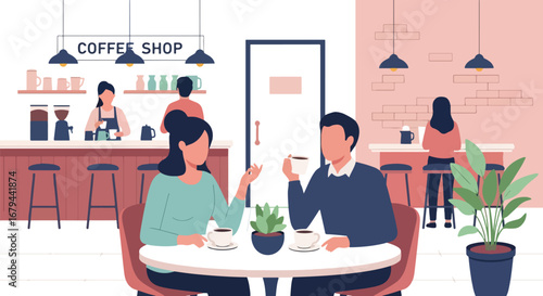 Flat illustration of people enjoying coffee and chatting in a cozy coffee shop with baristas preparing drinks, showcasing social interaction, lifestyle, and modern café culture