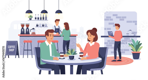 Flat illustration of people enjoying coffee and chatting in a cozy coffee shop with baristas preparing drinks, showcasing social interaction, lifestyle, and modern café culture