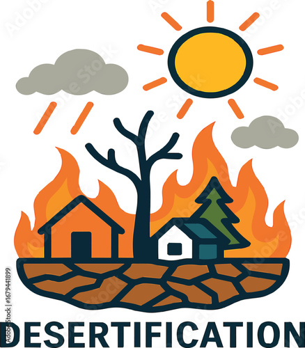 Drought land devastation climate change rural homes burning forest arid environment wildfire disaster scene