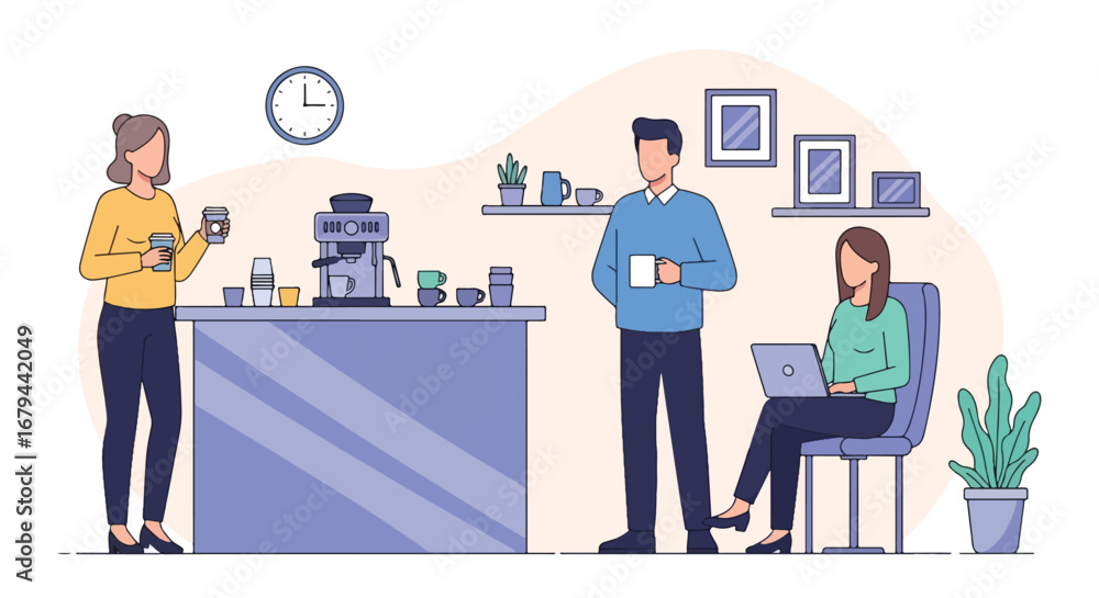Obraz premium Flat illustration of colleagues talking and working in a modern office coffee corner with a laptop and espresso machine, showing teamwork, networking, and workplace collaboration